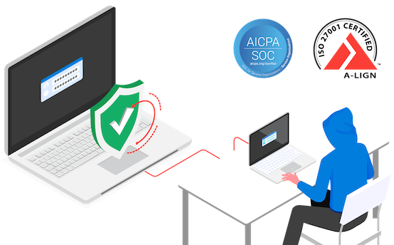 Illustration of a large laptop and security person at computer.