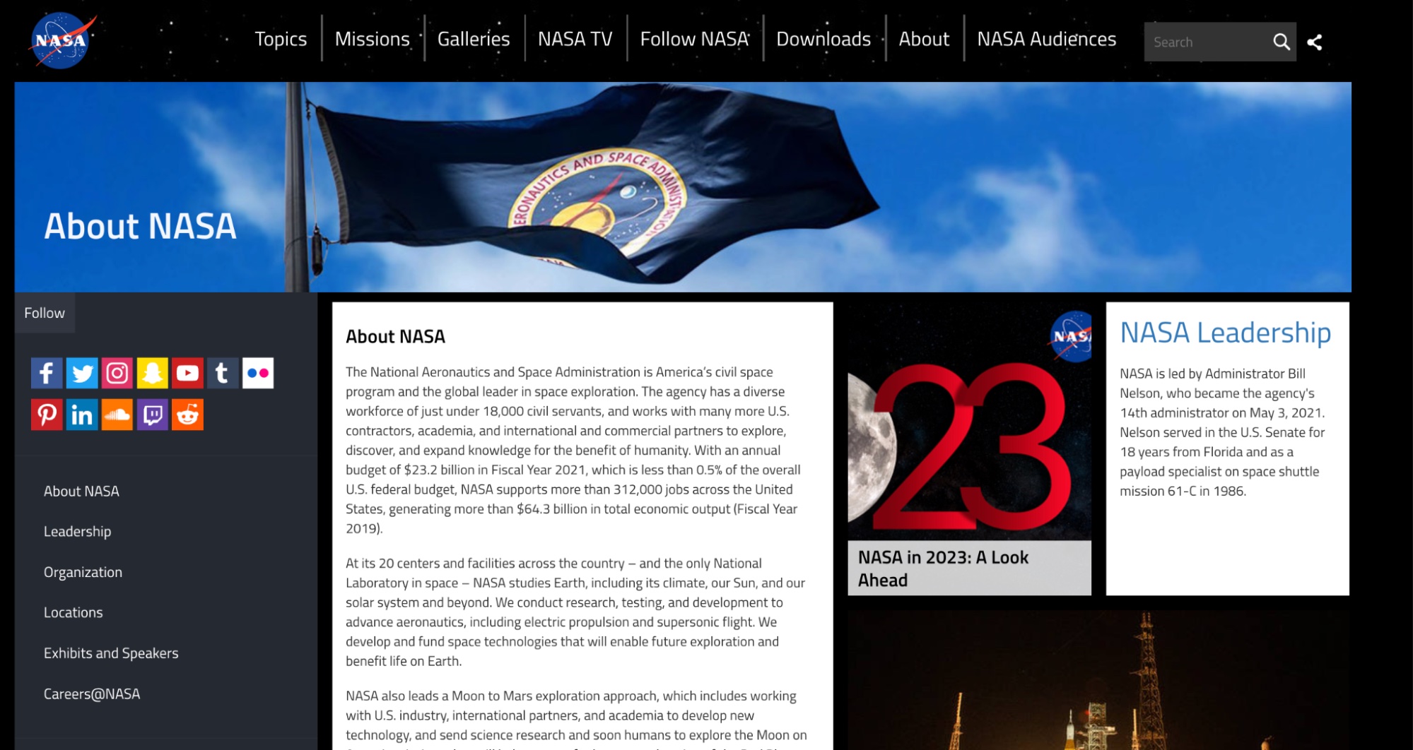 Screenshot of NASA's About Us page, providing information about the agency's mission, vision, and history.