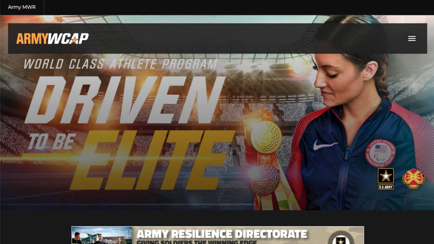 Screenshot of US Army WCAP homepage with a header image of soldiers in action and navigation links to news, sports, about the program and more.